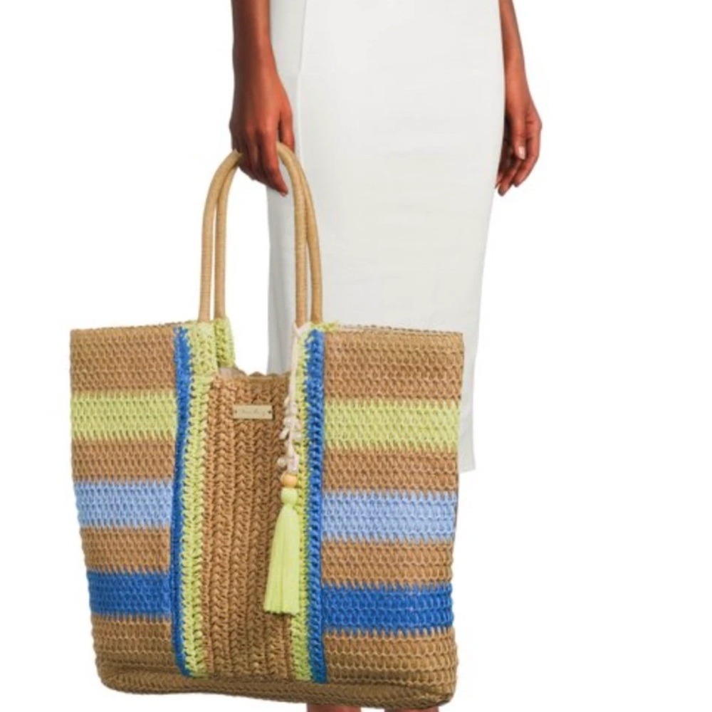 Shore‎ Thing Woven Straw Beach Tote Bag Striped Blue Lime Green Shell Tassel